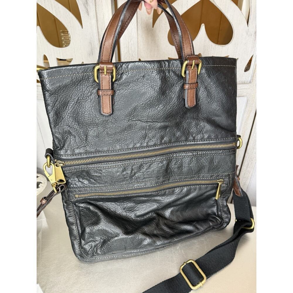 FOSSIL EXPLORER Foldover BLACK Leather Crossbody Messenger Shoulder Bag Tote
